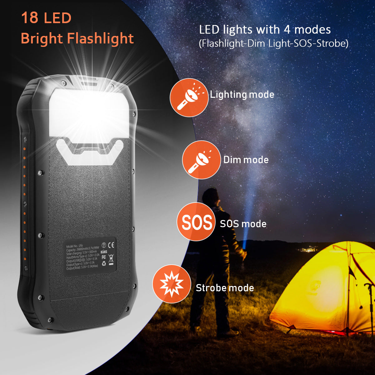 Amazon Explosive IP66 Waterproof Solar Wireless Charging Treasure 26800mAh Outdoor Lighting Mobile Power Bank