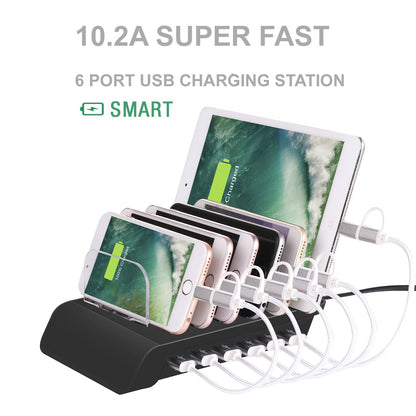 6-Port 60W USB Charger with QC 3.0 Smart IC Tech Fast Charger for iPhone 8/7/6s/Plus Samsung Xiaomi